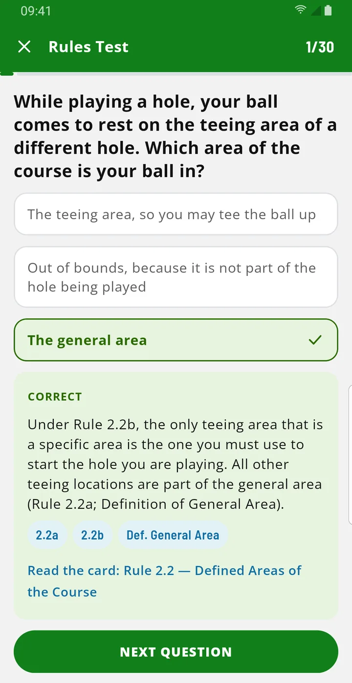 Rules Test question answered correctly, with the explanation and Rule references.