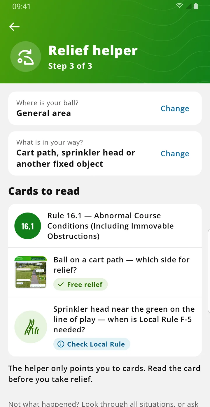 Relief helper, step 3: cards to read for a ball on a cart path in the general area.